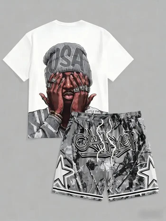 Ensemble T-shirt à col rond et short à cordon pour homme, motif lettres USA, confortable et respiran