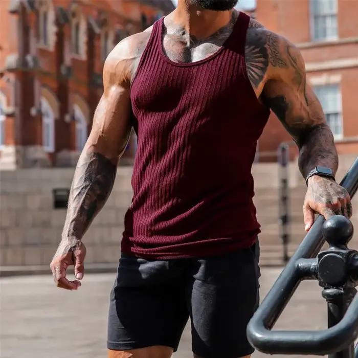 Débardeur de gymnastique à rayures amples pour hommes, col rond, Fitness, pull sans manches, maillot
