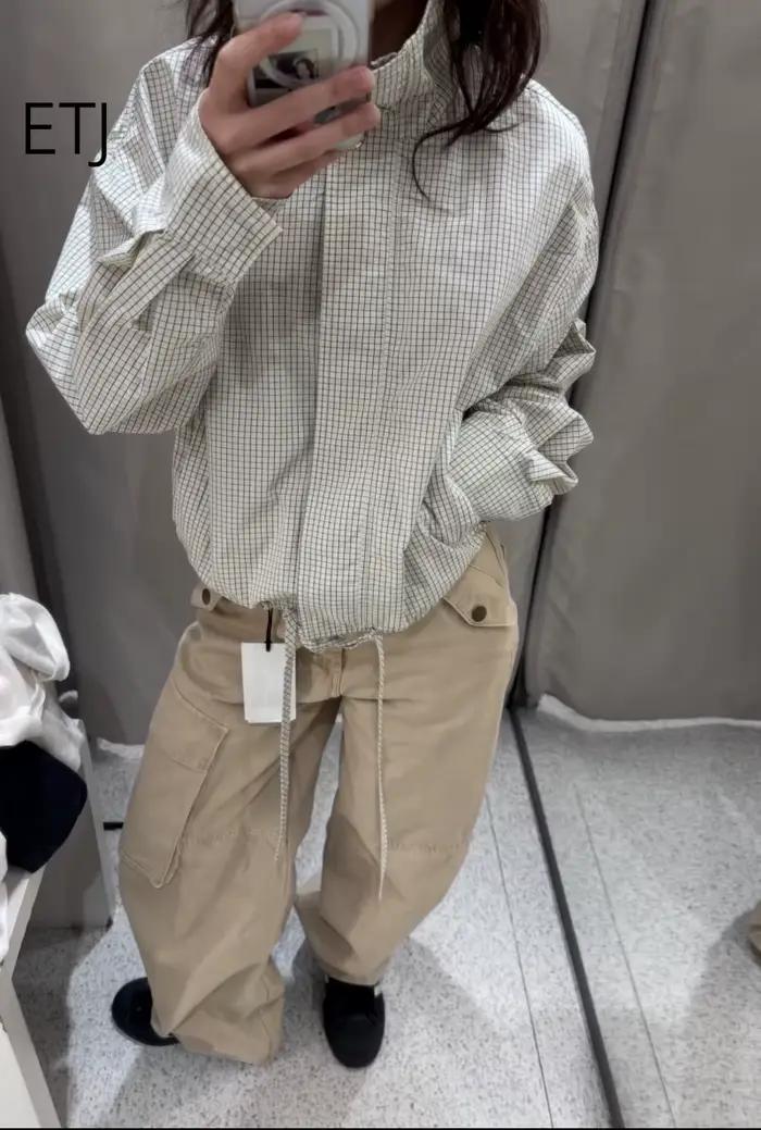 Veste Courte à Carreaux pour Femme ETJ, Col Montant, Manches Bouffantes, Coupe Oversize avec Ourlet