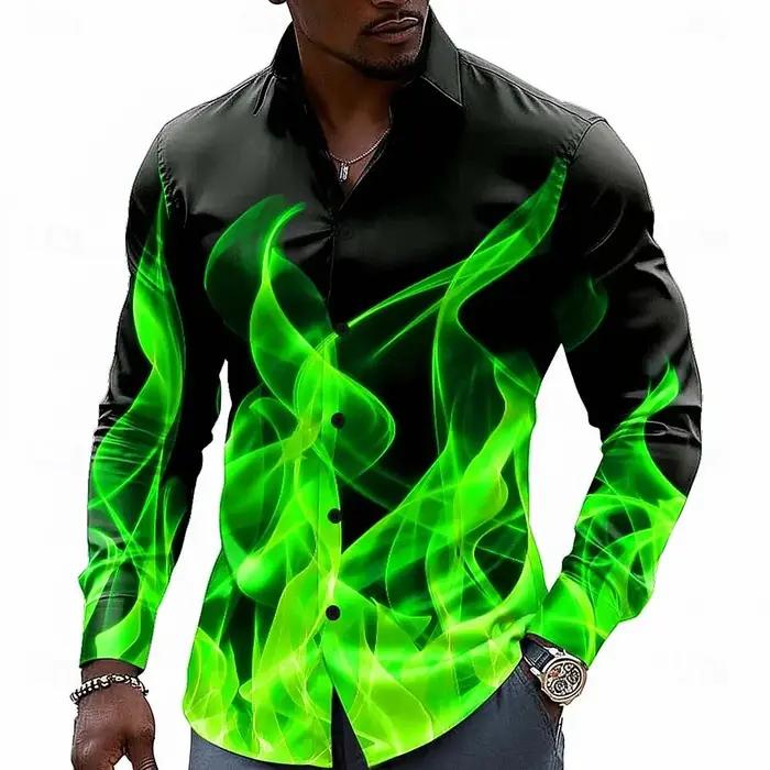 Chemise à boutons pour homme à effet d'illusion optique flamme néon, décontractée, à manches longues