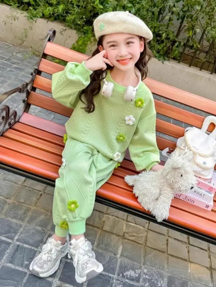 Ensemble à capuche à fleurs pour enfants, haut et pantalon, sweat-shirt 2 pièces, tenue décontractée