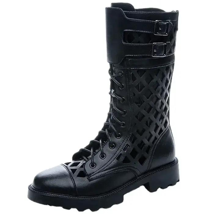 Bottes d'été en maille noire creuse pour femmes, talon moyen, grandes bottes cool, sandales européen