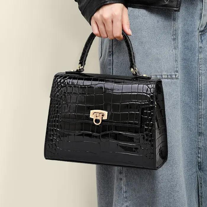 Sac à main en peau de crocodile laquée pour femme, couche supérieure, style peau de vache, haute qua