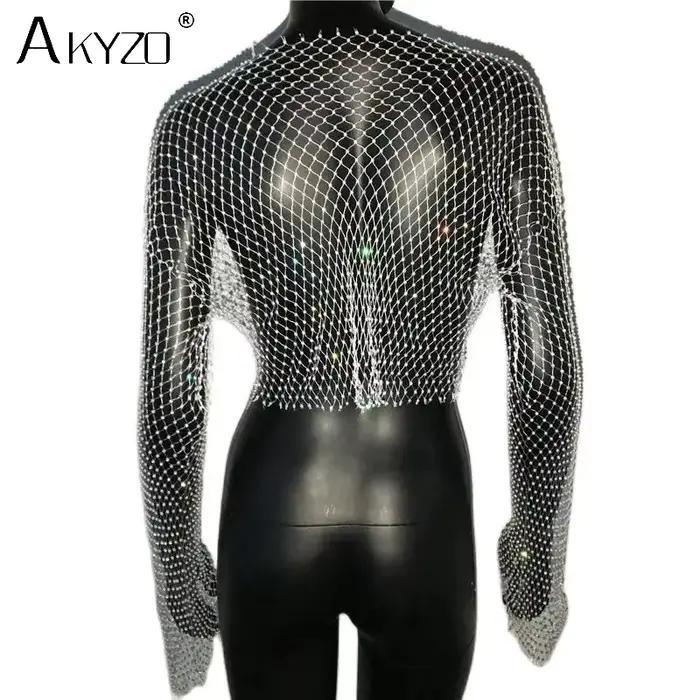 T-shirt en résille transparent pour femmes, Sexy, paillettes, strass, maille creuse, manches longues
