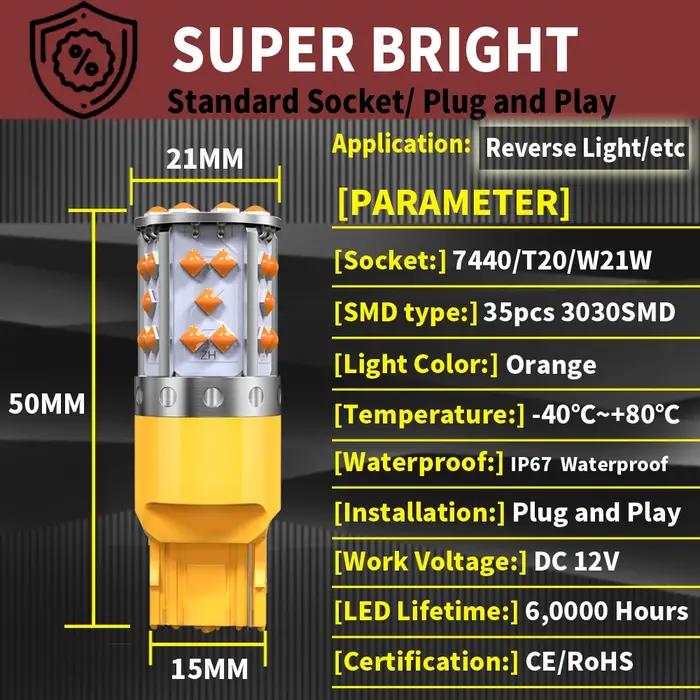 2 pièces Super lumineux T20 W21W WY21W 7440 7440NA LED clignotants ampoules Canbus sans erreur pas d
