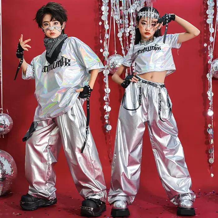 Hip Hop garçons T-shirt danse de rue argent pantalon filles K-pop brillant Joggers enfants Jazz vête