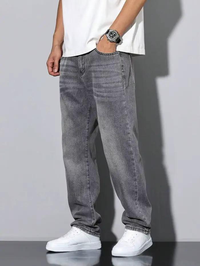 Jean gris slim droit pour hommes, design droit et simple, adapté à un usage quotidien en toutes sais