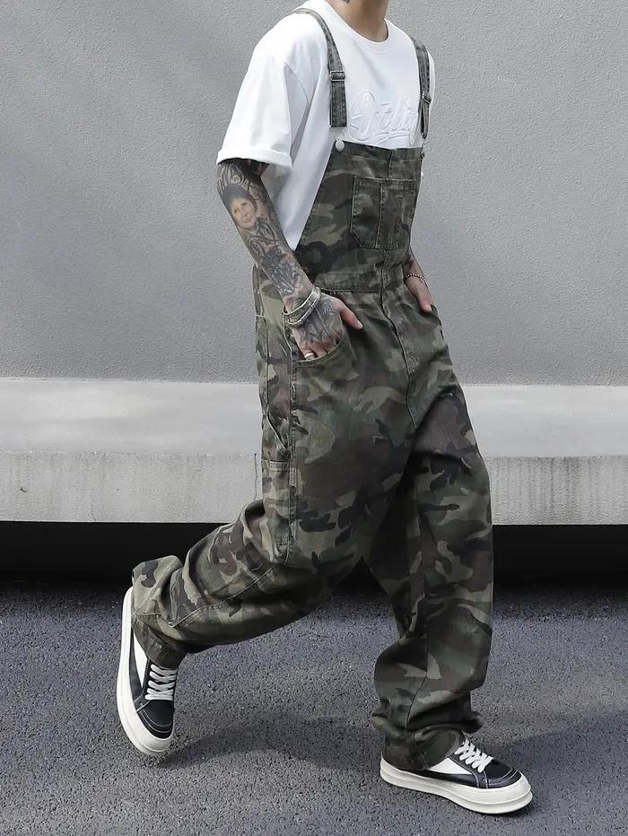 Salopette en jean imprimé camouflage multi-poches pour hommes – Coton, non élastique, lavable en mac