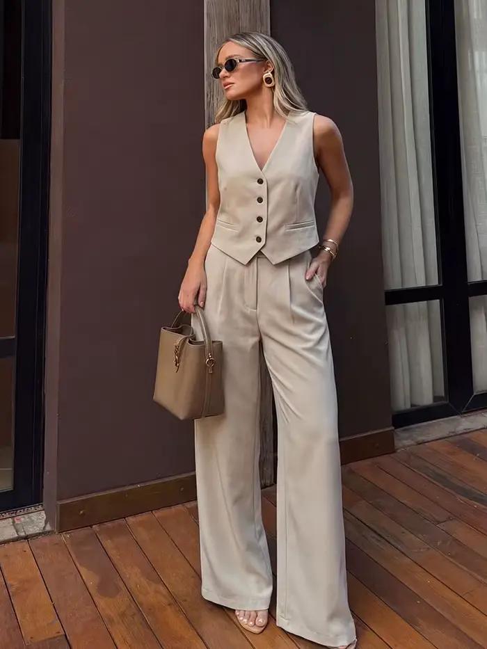 Ensemble 2 pièces pour femme : Gilet sans manches boutonné et pantalon large – Tenue décontractée po