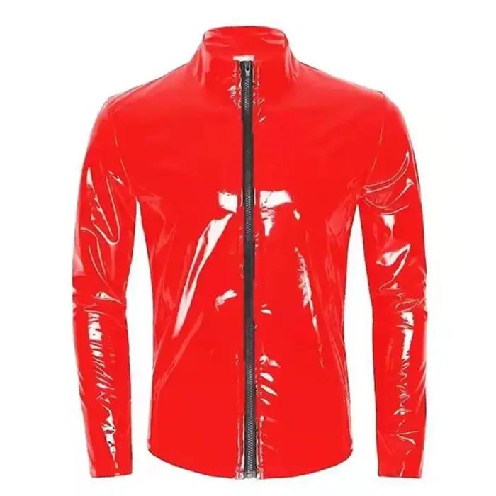 Nouveaux hommes Cardigan à fermeture éclair col montant chemise PVC brillant en cuir verni Sexy serr