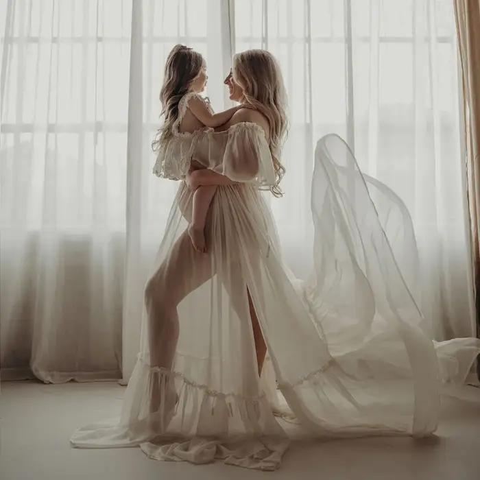 Robes de maternité, vêtements de Studio de séance photo, Sexy, en mousseline de soie, épaules dénudé