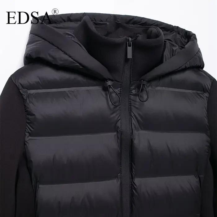 EDSA Veste rembourrée noire pour femme, capuche réglable avec bouchons, col haut, manches longues, p