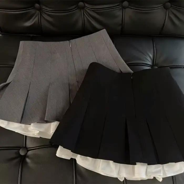 Mooyufon volants noir Mini jupe femmes coréen Patchwork jupes plissées japonais Kawaii taille haute