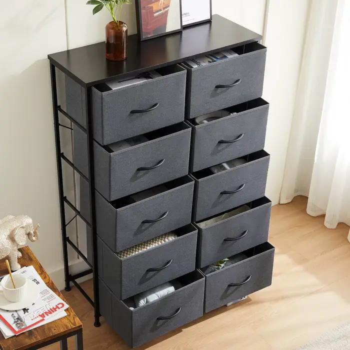 JHK Table de chevet pour chambre à coucher avec 10 tiroirs en tissu, armoire de rangement avec cadre