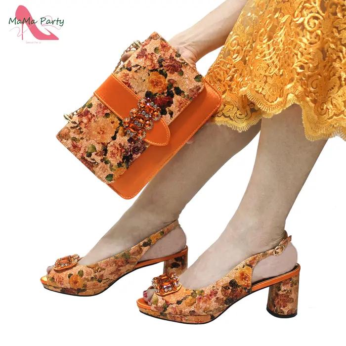 Ensemble de chaussures et de sacs en cuir PU orange pour femmes italiennes, design floral, robe, hau