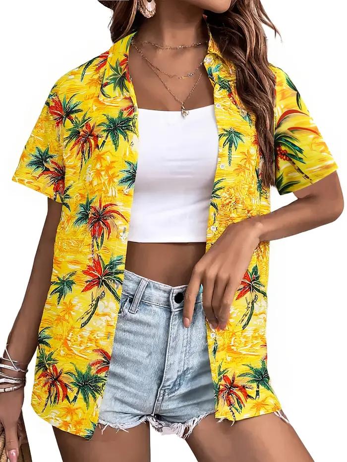 Mode d'été femmes hawaïen cocotier imprimé à manches courtes revers décontracté bouton chemise hauts