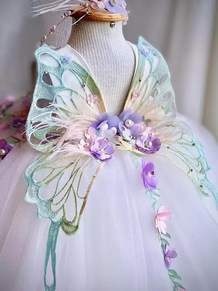 Robe de princesse en maille moelleuse pour filles de 2 à 6 ans, ailes de papillon, robe de soirée él