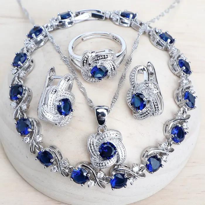 Ensembles de bijoux en zircon bleu pour femmes, en argent Sterling 925, Costume de mariage, bijoux,