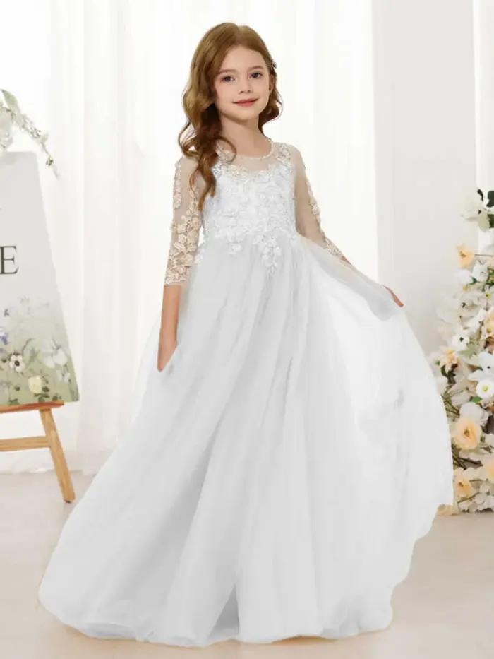 Robe de demoiselle d'honneur en dentelle avec des Appliques florales, manches 3/4, robe de bal en Tu