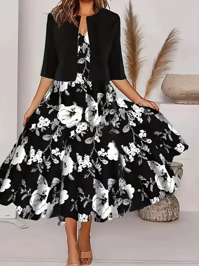 Robe longue pour femmes, ensemble deux pièces imprimé floral, col rond, manteau, Europe et états-uni