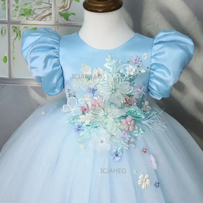 Nouvelle Robe de Princesse Bleue en Satin à Manches Bulles pour Enfants 2026 – Robe Bouffante pour A