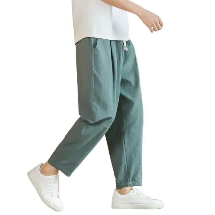 Streetwear hommes coton pantalon décontracté couleur unie pantalons longs respirant cordon pantalon