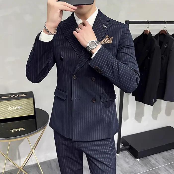 M-7XL ( Blazer + Pantalon) de luxe classique rayé hommes bureau officiel décontracté affaires double