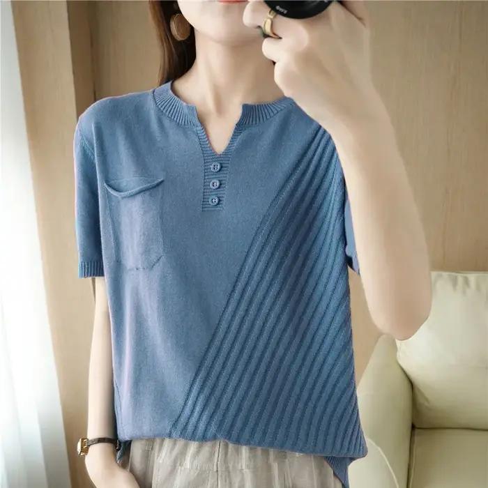 T-shirt tricoté à manches courtes et col en v pour femme, haut ample et décontracté, couleur unie, 1