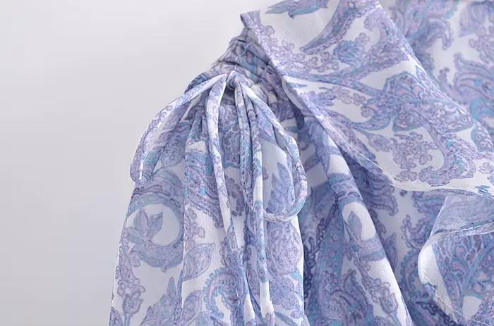 Mini Robe en mousseline de soie à imprimé Floral bleu pour femmes, 2022, oreilles en bois, volants,