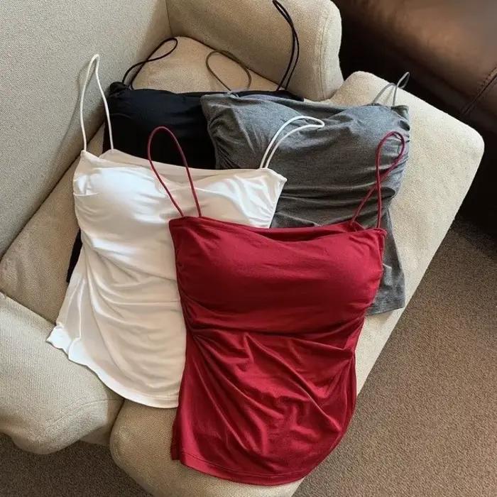 Gilet plissé sans manches pour femmes, Slim Fit, Sexy, haut court avec fines bretelles, couleur unie