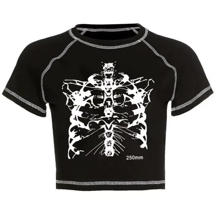 Vêtements graphiques vintage amusants pour filles, haut court noir, imprimé tête de mort mince, Swee