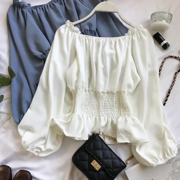 Chemisier Élégant en Mousseline de Soie pour Femme, Chemise Blanche à Volants et Manches Bouffantes,