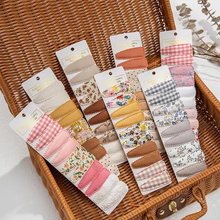 10 pièces/lot Ins 6cm fleur imprimé coton alliage cheveux arc Snap Clips ensemble tissu Plaid Bobby