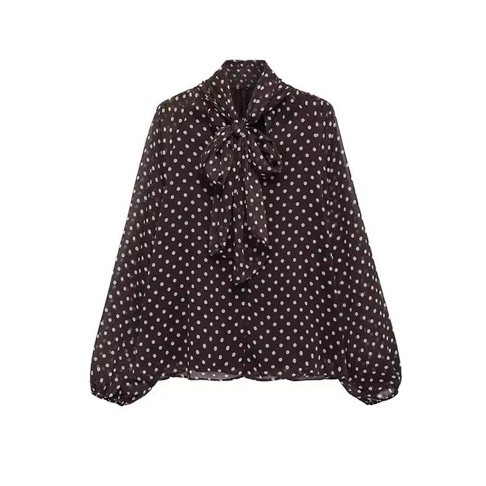 Chemisier Femme Imprimé Pois Nouvelle Collection Printemps 2026 – Blouse Élégante à Nœud Papillon et