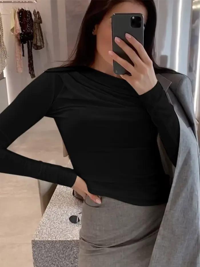 Haut à manches longues blanc T-Shirts femmes basique haut court automne Pollover solide col incliné
