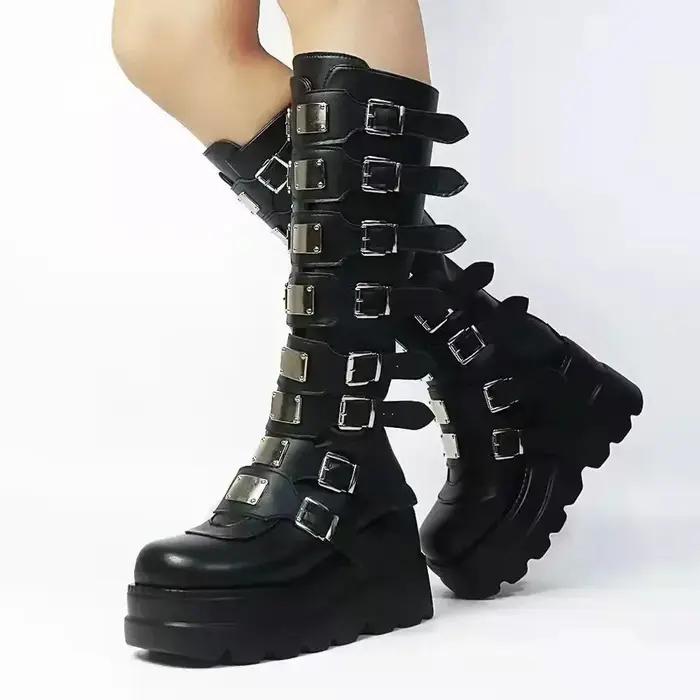 Bottes hautes gothiques à plateforme, Punk, noires, chaussures De moto Sexy, Halloween Cosplay, pour