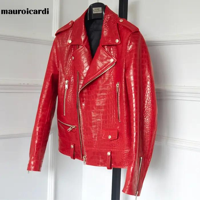 Mauroicardi-Veste de motard en similicuir à motif crocodile rouge pour homme, manches longues, ferme