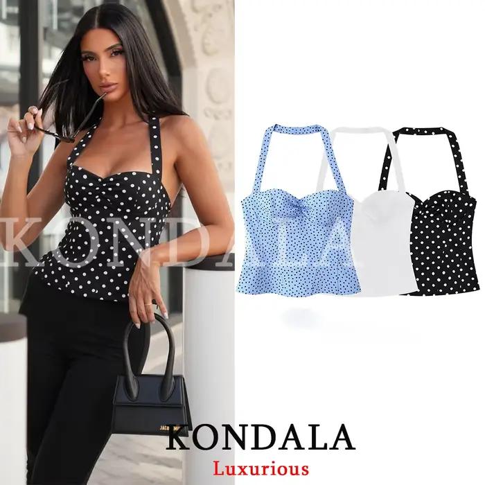 KONDALA Sexy Y2K Girl Halter Tops Corset Slim Polka Dot Print Short Tops Fashion 2026 Spring Summer
