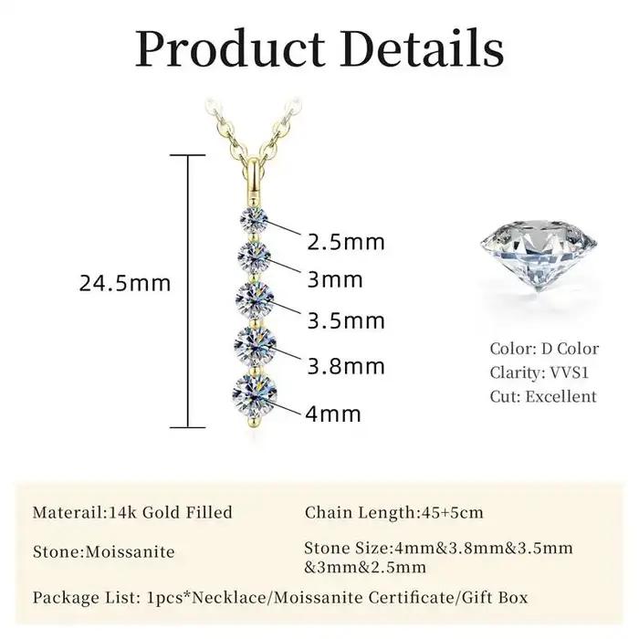 Lnngy – collier brillant en Moissanite à 5 pierres, collier à pendentif long en or rempli de 14 cara