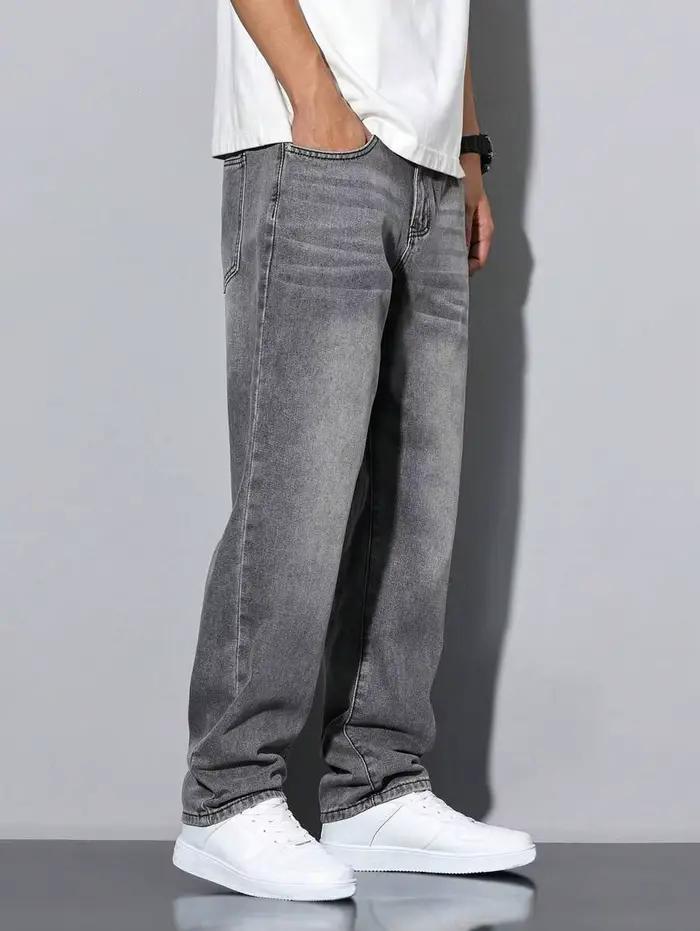 Jean gris slim droit pour hommes, design droit et simple, adapté à un usage quotidien en toutes sais