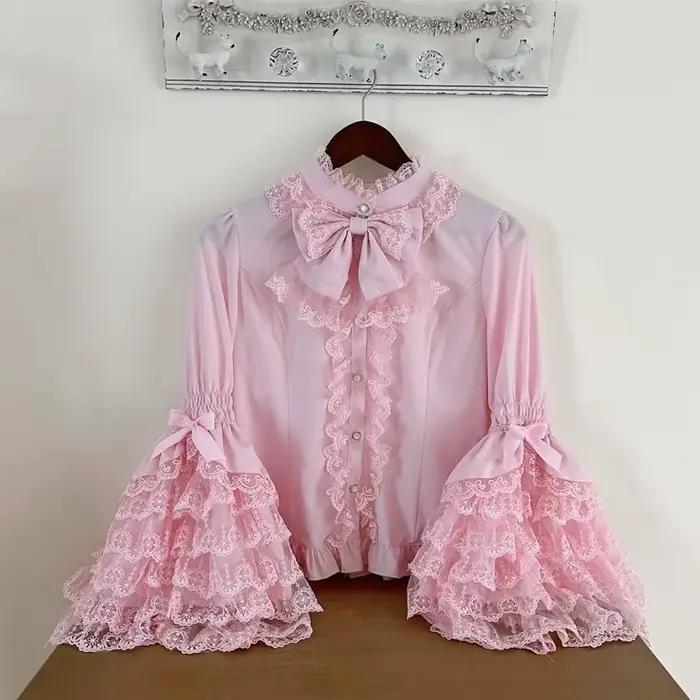 Chemise Lolita gothique et douce – Chemisier à volants à manches longues pour robes JSK, haut en den
