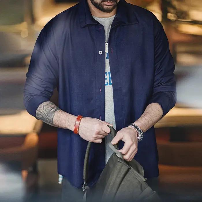 Maden-Chemise en Denim à Manches sulfet Col Rabattu pour Homme, Manteau de Printemps Bleu, Vêtement