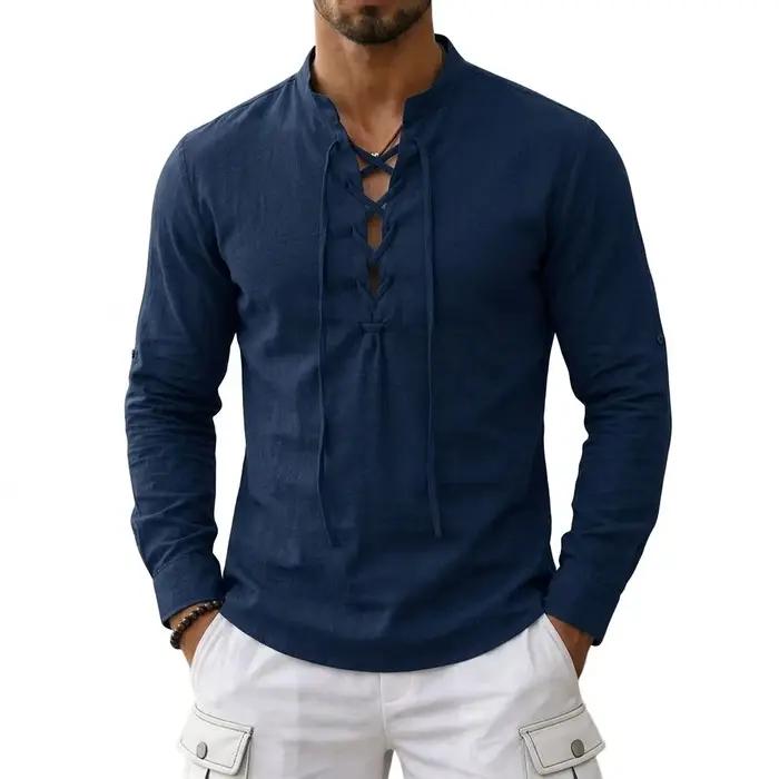 T-shirts en lin à manches longues pour hommes, style médiéval vintage viking, chemises en coton pour