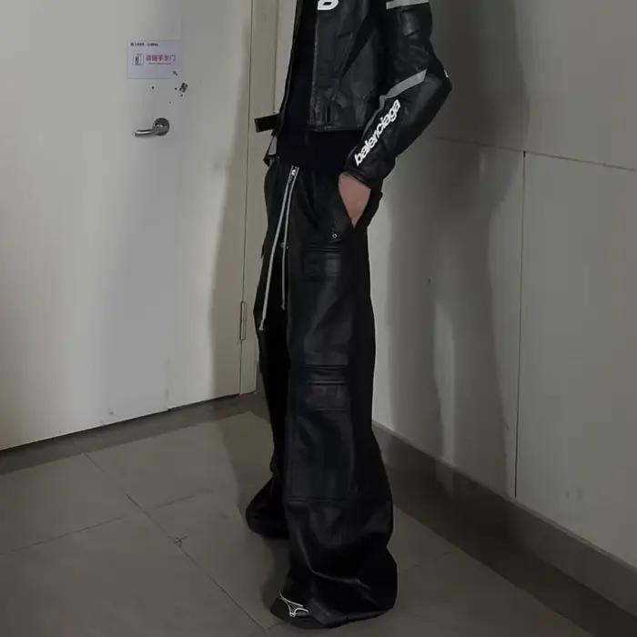 Pantalon en cuir PU mat Style RO pour hommes, pantalon Cargo Baggy à jambes larges avec cordon de se