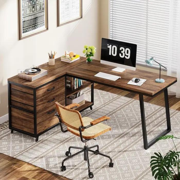 Bureau d'ordinateur en forme de L avec 3 tiroirs, bureau à domicile avec étagères, bureau PC industr