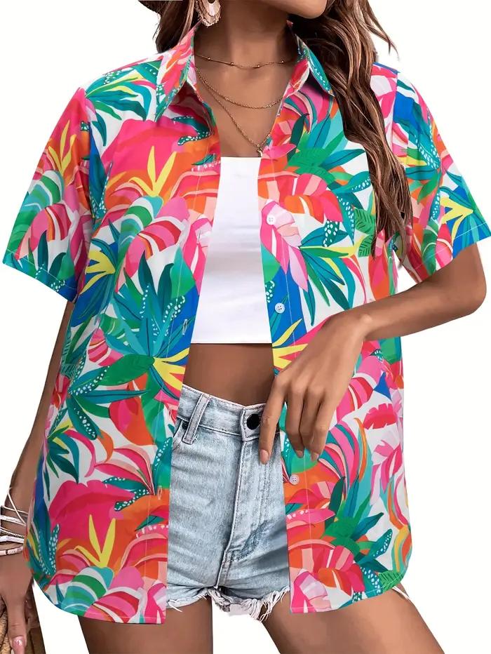 Mode d'été femmes hawaïen cocotier imprimé à manches courtes revers décontracté bouton chemise hauts