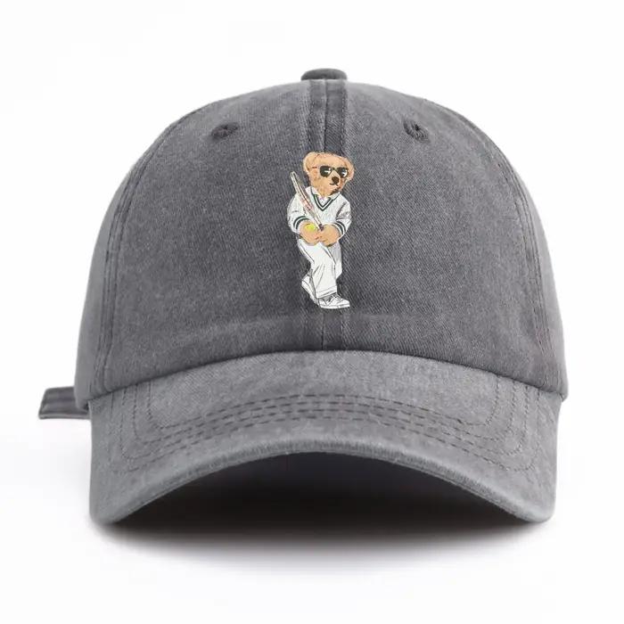 Casquette de baseball délavée à imprimé ours pour adultes, chapeau de papa réglable et doux, style r