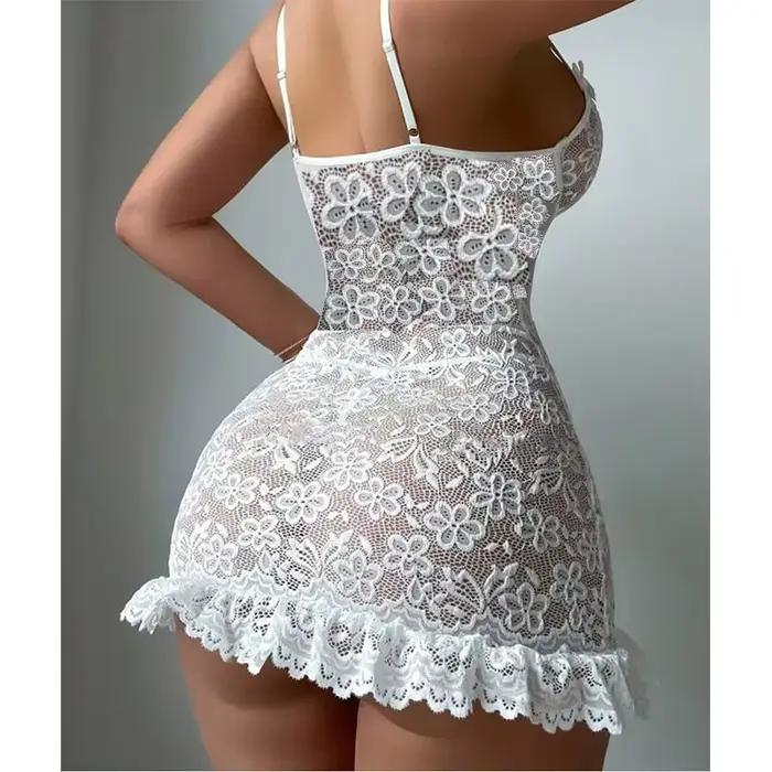 Mini robe sans manches pour femmes, dos nu, pyjama Porno, dentelle florale, vêtements de nuit érotiq