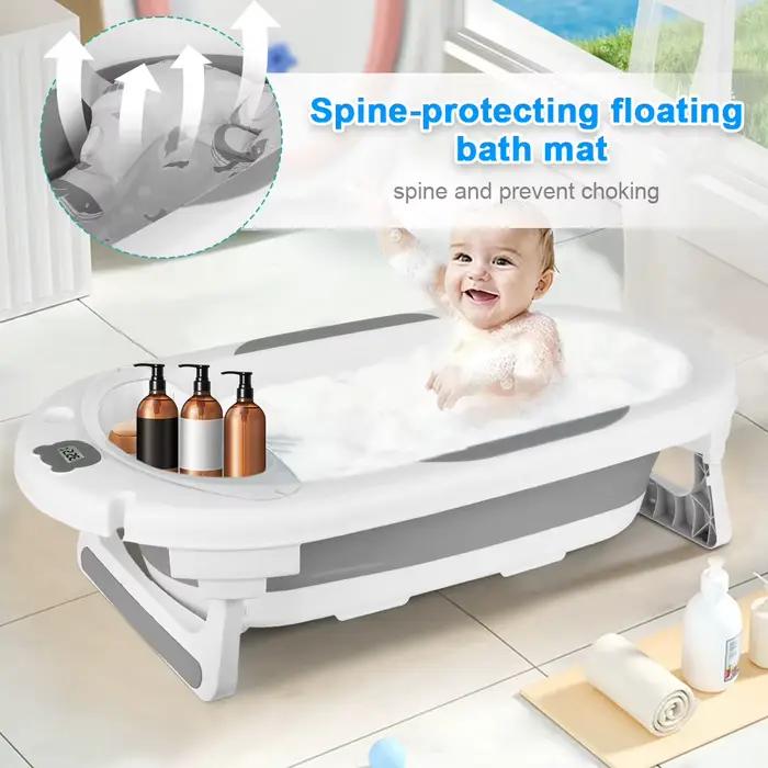 Baignoire Bébé, Design Pliable, Thermomètre Intégré, Coussin de Bain Doux, Pieds Antidérapants, Bouc