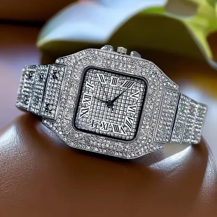 Montres pour hommes de luxe de marque bracelet en alliage élégant Hip Hop diamant or Date Montre à Q